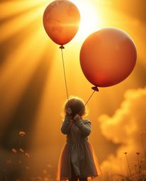 A captivating image depicting a child holding a balloon in a warm, golden glow. The surreal and fantastical elements, gentle 