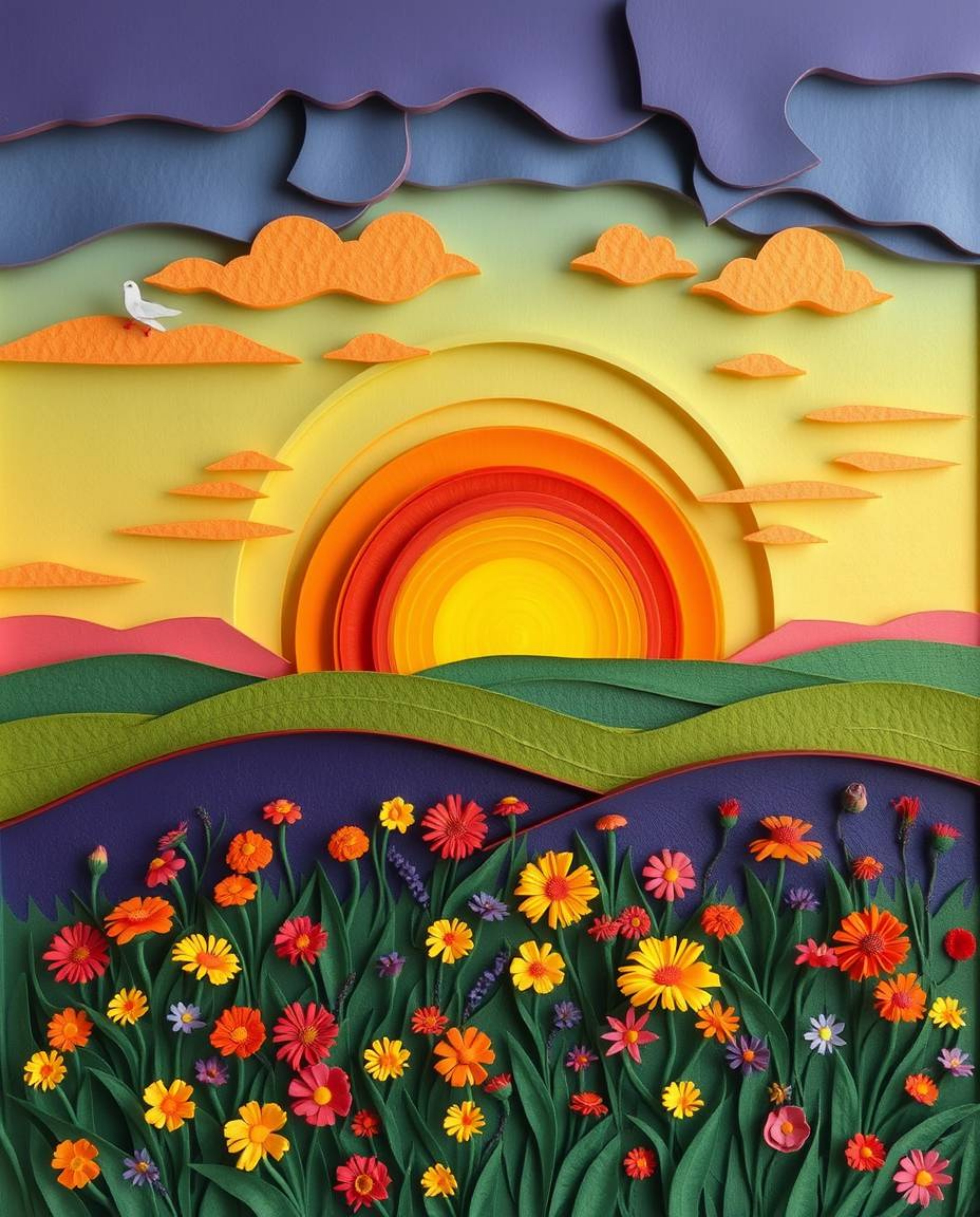 A stunning layered papier-mâché sculpture depicting a spring sunset over a wildflower meadow. This unique artwork features in