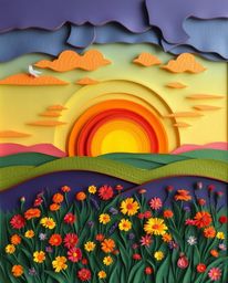 A stunning layered papier-mâché sculpture depicting a spring sunset over a wildflower meadow. This unique artwork features in