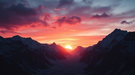 Experience an epic scene featuring snow-covered mountains bathed in the radiant glow of a pastel sunset. This futuristic land