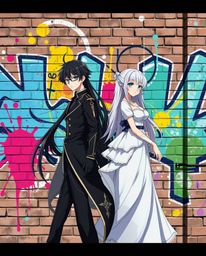 Discover stunning isekai anime-style artwork featuring graceful and elegant characters against a vibrant backdrop of graffiti