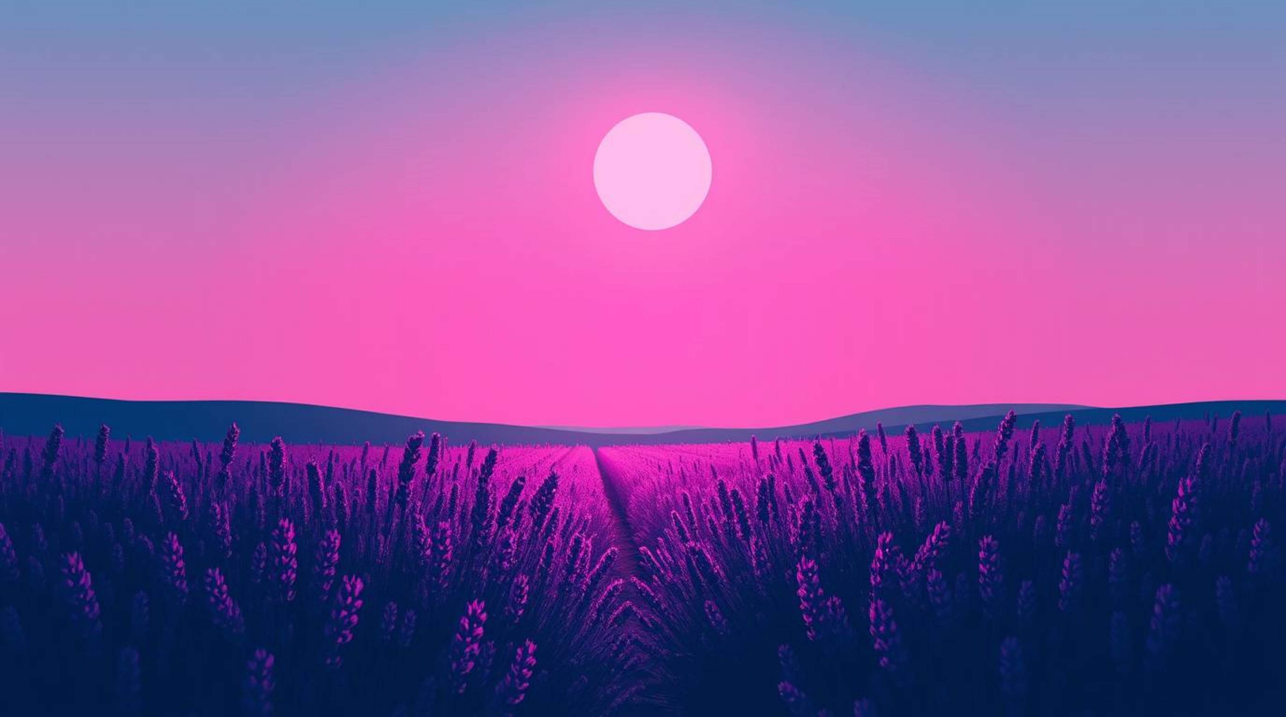 This modern flat design image features rich, deep teal tones and silhouetted lavender fields glowing under a dreamy pink sky.