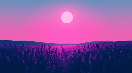 This modern flat design image features rich, deep teal tones and silhouetted lavender fields glowing under a dreamy pink sky.