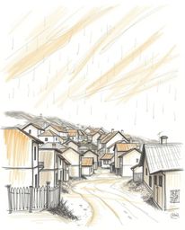 A hand-drawn sketch of a sleepy town utilizes natural earth tones to evoke a sense of calm, contrasted by intense and dramati