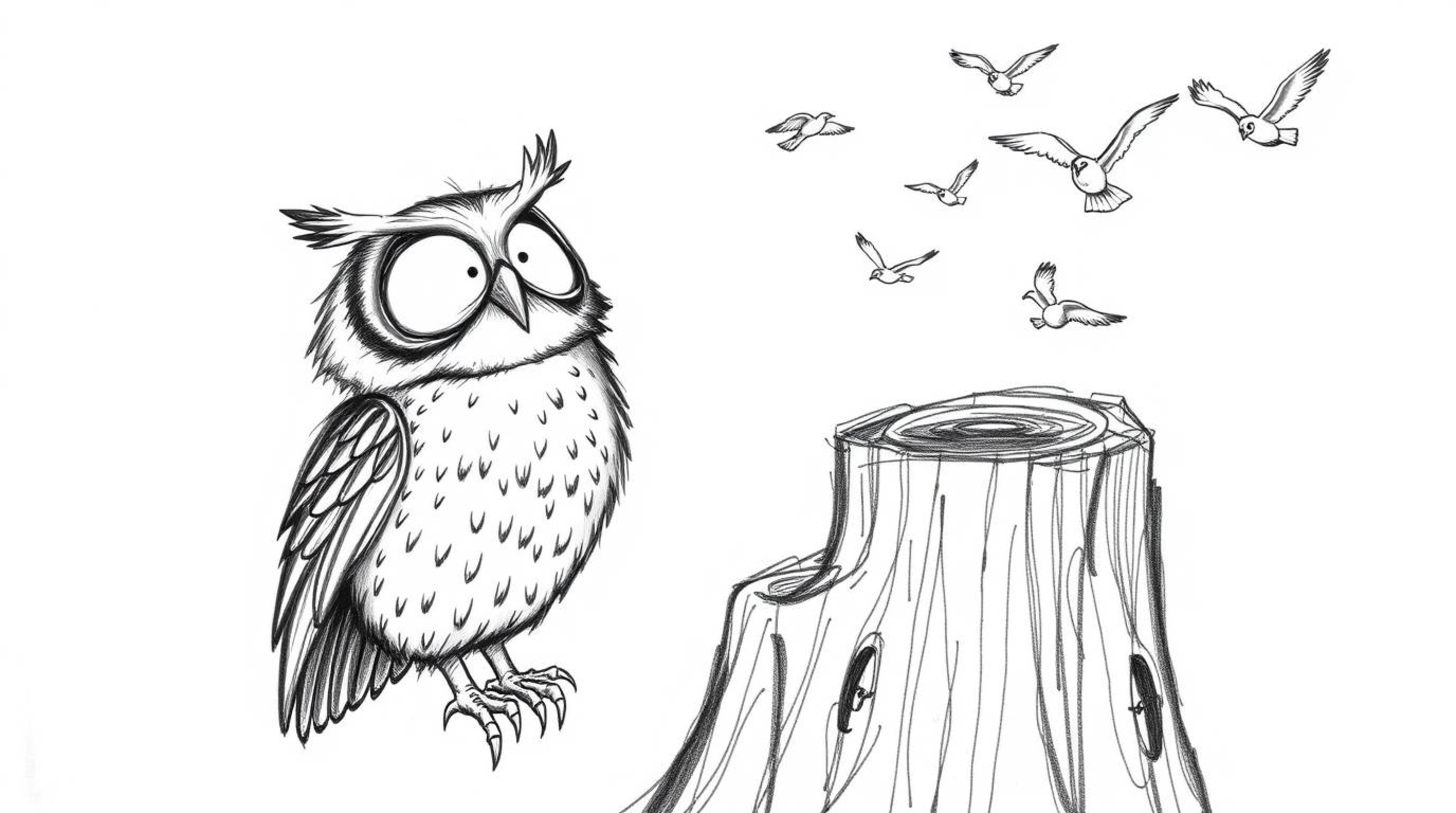 A heartwarming, hand-drawn sketch in the style of Pixar depicts a blind owl with incredibly expressive eyes perched atop a we