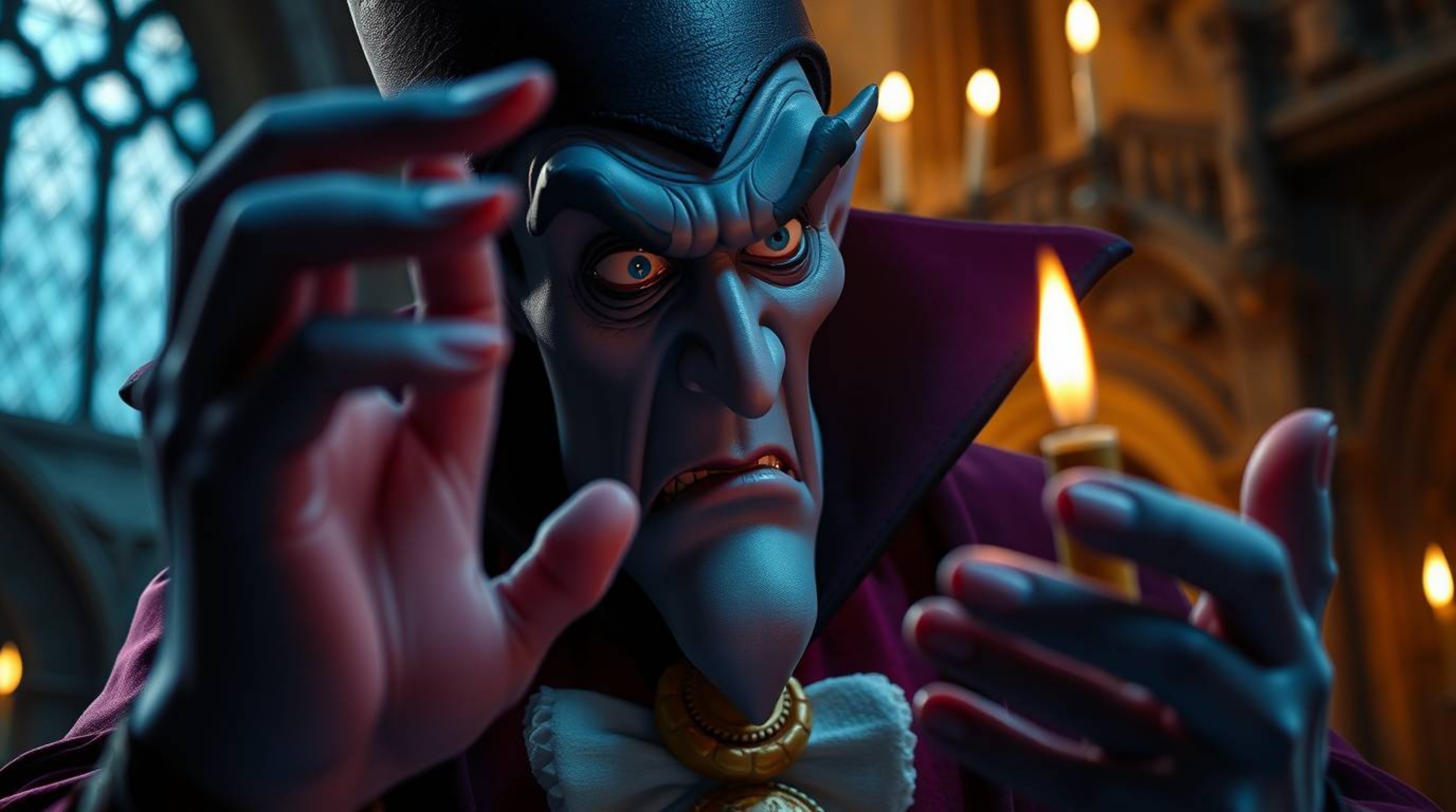 Experience an extreme macro close-up view of a classic Disney villain conjuring a spell within the aged walls of an old castl