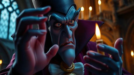 Experience an extreme macro close-up view of a classic Disney villain conjuring a spell within the aged walls of an old castl