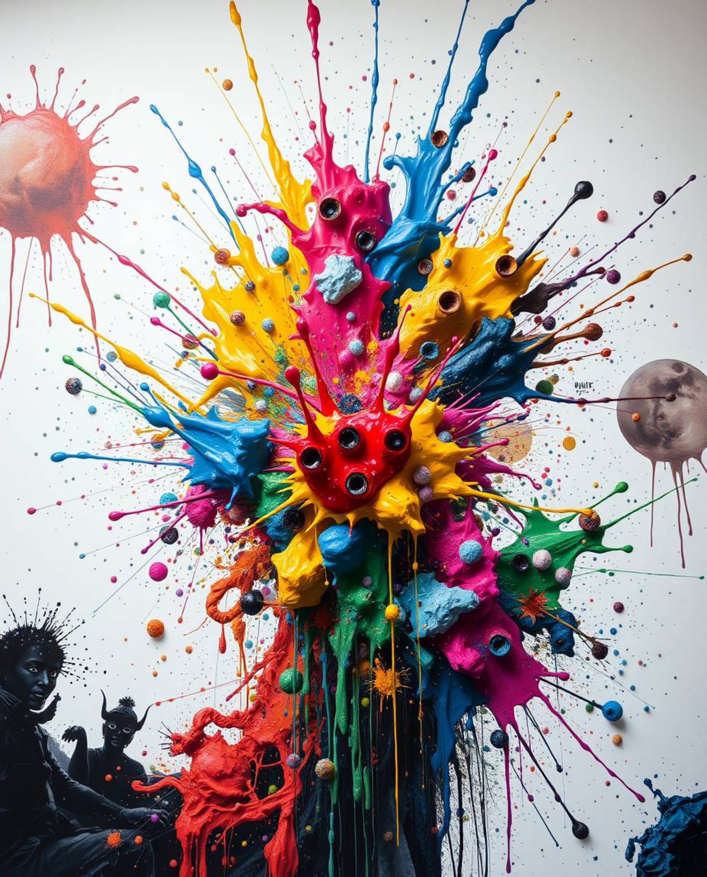 A vibrant explosion of colorful paint splashes across a pristine white canvas, creating a mesmerizing piece of abstract art. 