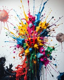 A vibrant explosion of colorful paint splashes across a pristine white canvas, creating a mesmerizing piece of abstract art. 