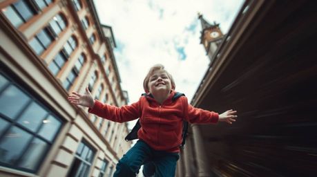 A captivating split image showcases a young boy soaring above London, propelled by pixie dust.  One side is sharp and vibrant