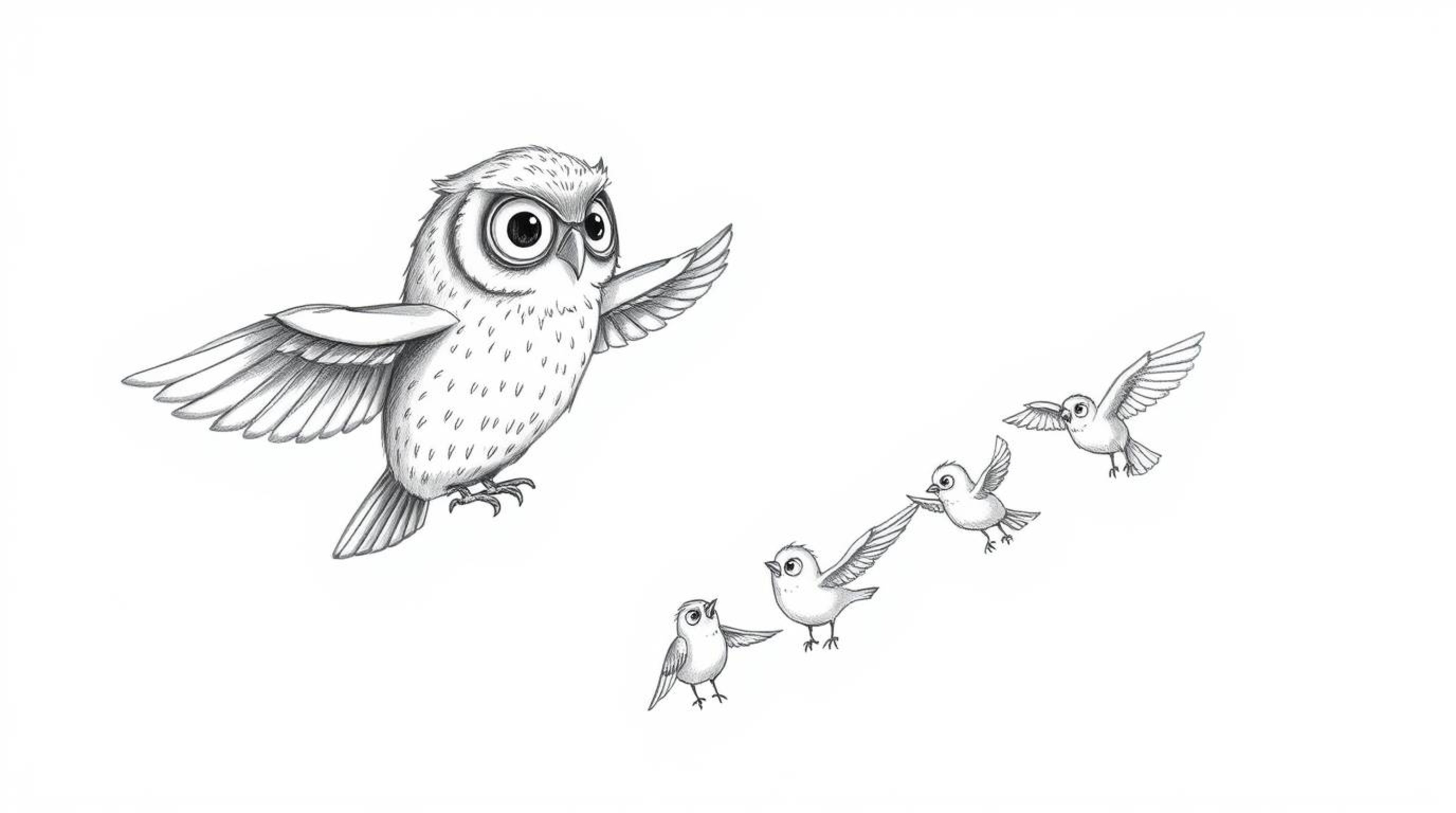 A heartwarming Pixar-esque hand-drawn sketch depicts a blind owl, rendered with textured pencil strokes and a calm demeanor, 