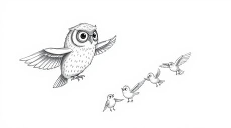 A heartwarming Pixar-esque hand-drawn sketch depicts a blind owl, rendered with textured pencil strokes and a calm demeanor, 