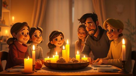 Experience a soft and dreamy depiction of a Pixar-style family reunion bathed in the warm glow of candlelight. The flickering