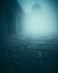 Immerse yourself in dramatic cinematic images showcasing intricate Islamic geometric stone patterns shrouded in thick fog. Th