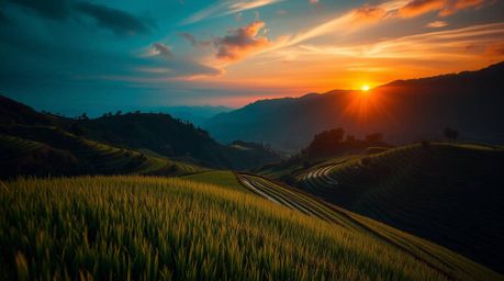 An extreme close-up showcases the rich, deep teal hues of a sunset over breathtaking mountainous rice terraces.  The luxuriou
