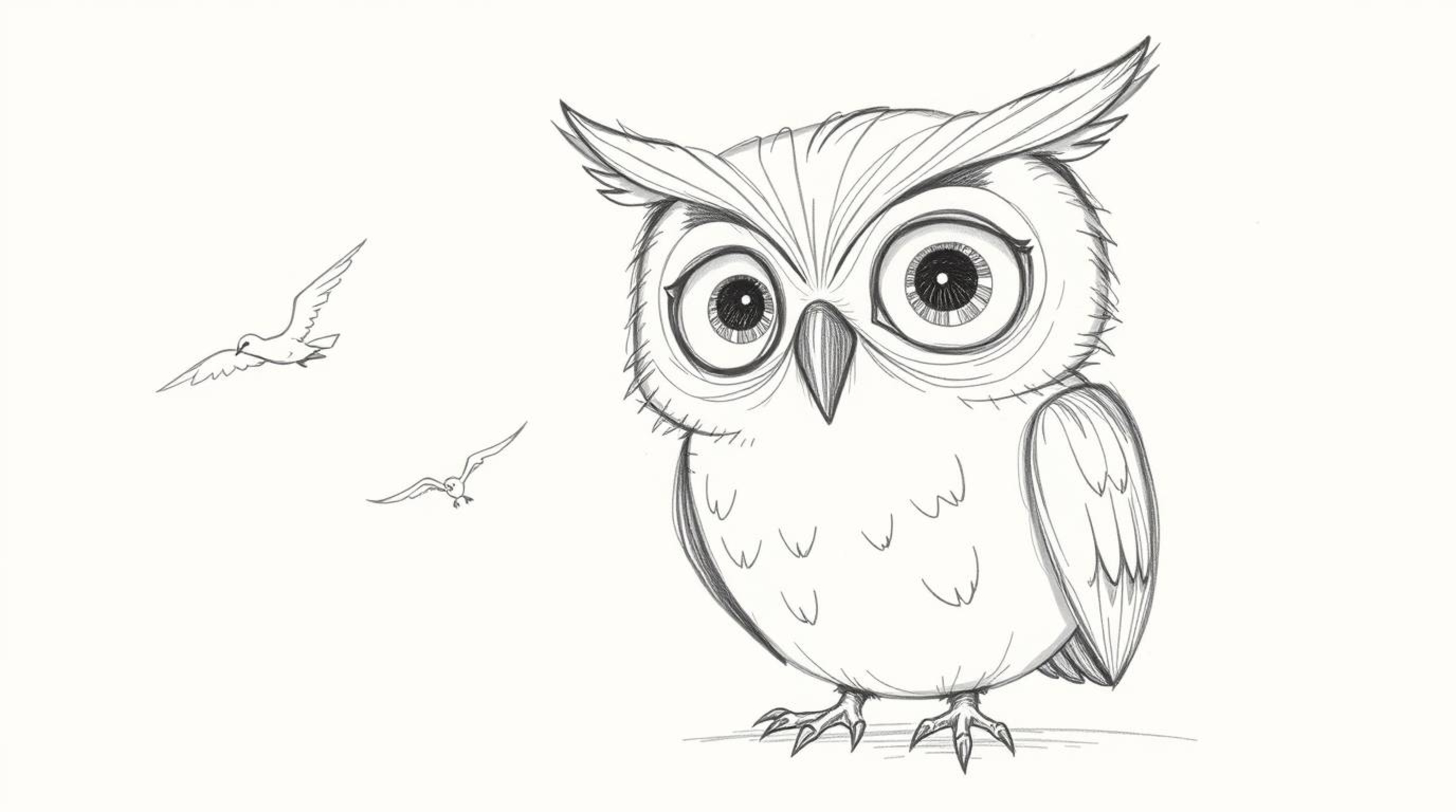 A whimsical, hand-drawn sketch in the style of Pixar depicts a blind owl with large, expressive eyes teaching a flock of bird