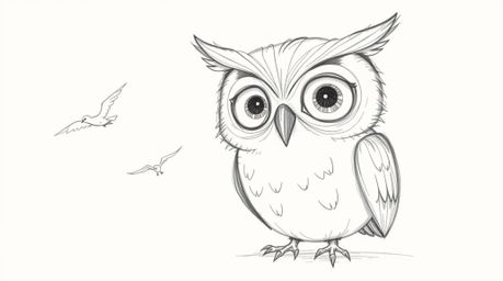 A whimsical, hand-drawn sketch in the style of Pixar depicts a blind owl with large, expressive eyes teaching a flock of bird