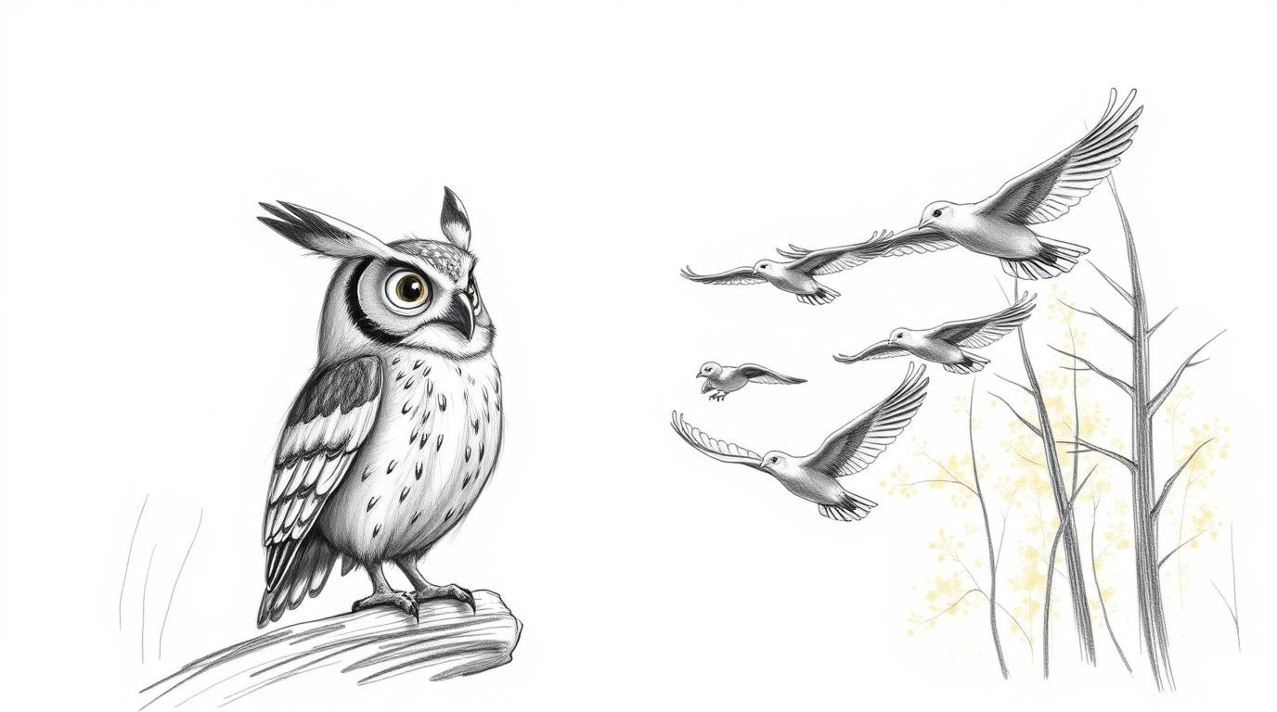 A heartwarming hand-drawn pencil sketch depicting a blind owl patiently teaching a group of birds to fly.  Set against a gold