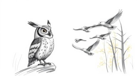 A heartwarming hand-drawn pencil sketch depicting a blind owl patiently teaching a group of birds to fly.  Set against a gold