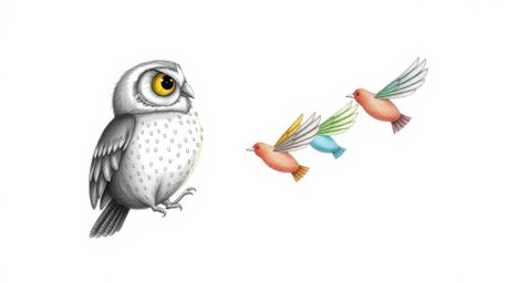 A heartwarming image depicting a blind owl, stylized in a textured, hand-drawn fashion similar to Pixar animation, diligently