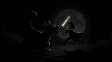 A captivating 1950s-style animation depicting a charming prince battling a fearsome dragon.  Rendered in intense jet black wi