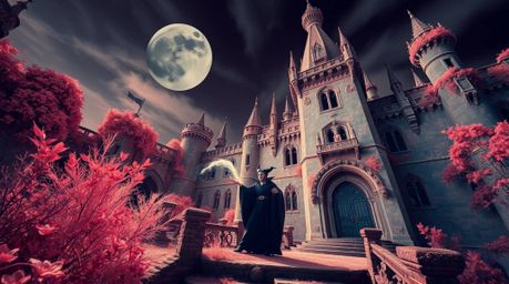 A captivating image depicting a classic Disney villain casting a spell within an ancient castle, viewed from a unique bird's-
