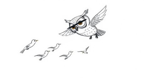 A heartwarming hand-drawn sketch depicts a Pixar-esque blind owl with large expressive eyes guiding a flock of small birds in