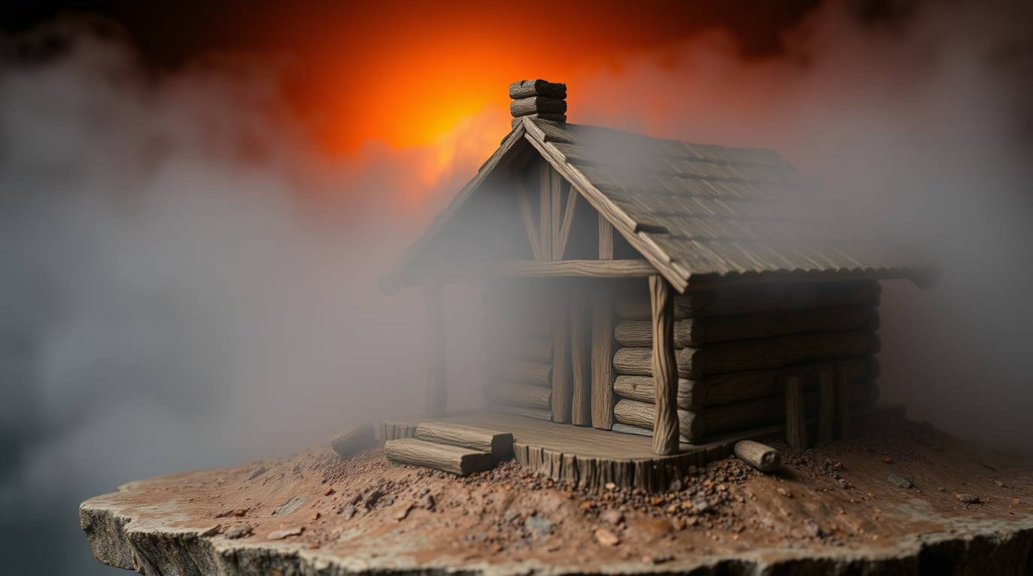 A captivating clay sculpture depicts an old wooden cabin nestled in the woods, shrouded in thick fog during a vibrant sunset.