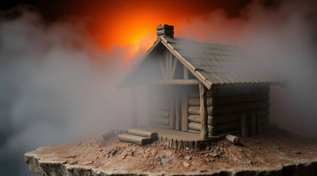 A captivating clay sculpture depicts an old wooden cabin nestled in the woods, shrouded in thick fog during a vibrant sunset.