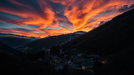 Experience a breathtaking cinematic scene of a cozy village nestled in a picturesque valley under a vibrant, colorful sky.  R