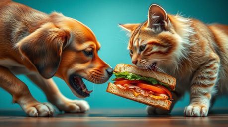 A captivating close-up shot showcasing the intense struggle between a dog and a cat as they fiercely contend for a massive sa