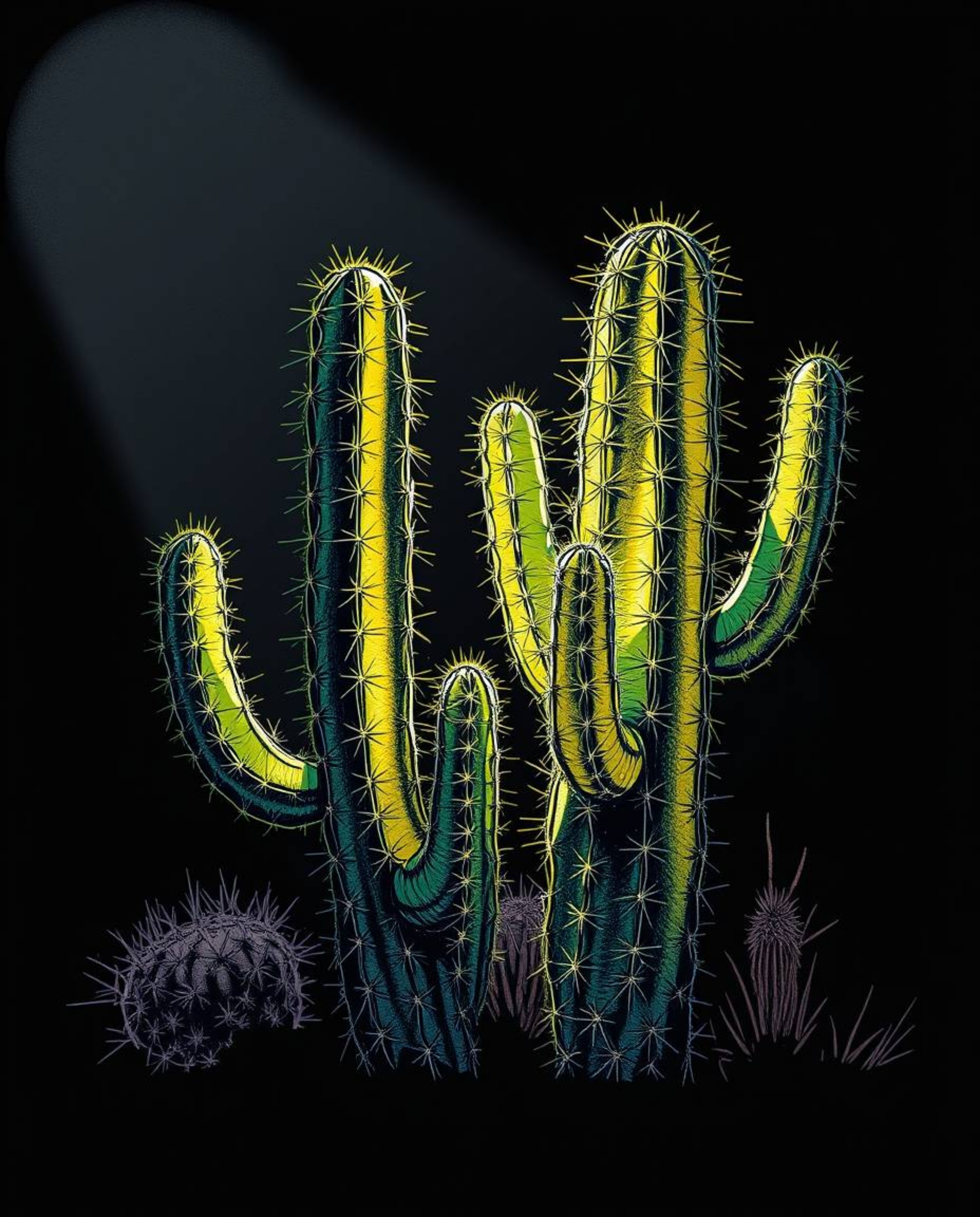 A hand-drawn, color sketchnote-style desert cactus glows intensely under dramatic lighting. The use of high contrast makes th