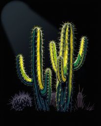 A hand-drawn, color sketchnote-style desert cactus glows intensely under dramatic lighting. The use of high contrast makes th