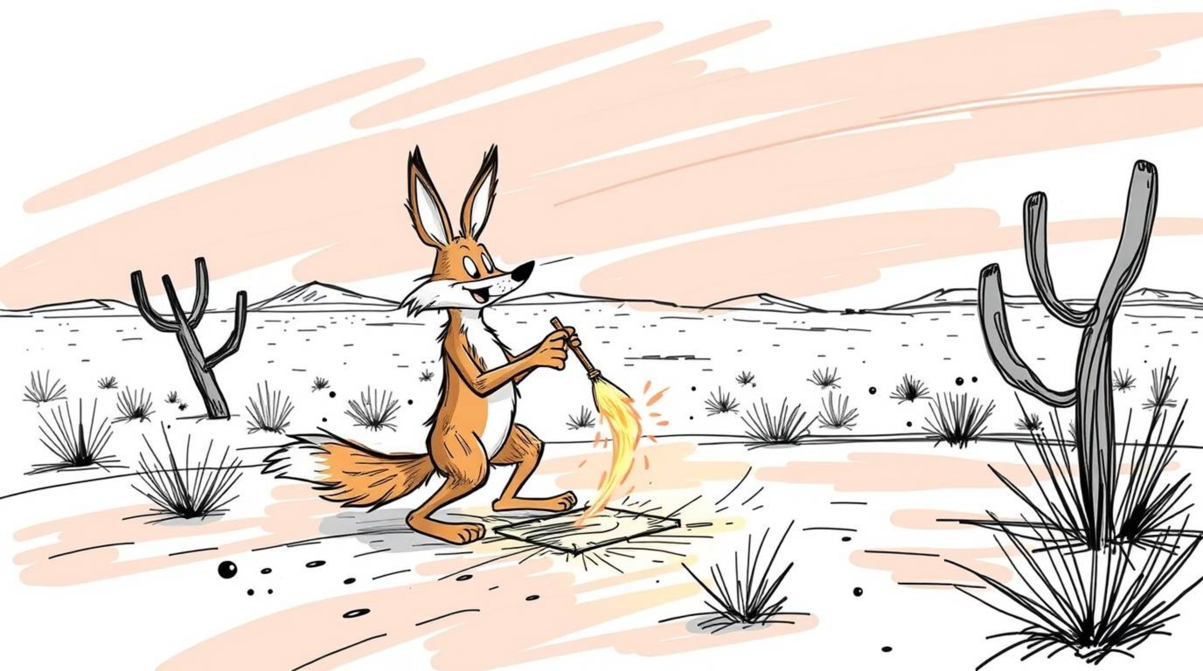 This artwork features a dynamic, hand-drawn color sketchnote style sketch of a coyote setting a ridiculously elaborate trap i