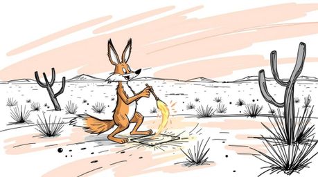 This artwork features a dynamic, hand-drawn color sketchnote style sketch of a coyote setting a ridiculously elaborate trap i