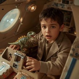 Exquisite high-fashion photography captures a young boy with bright, curious eyes, building an intricately designed cardboard