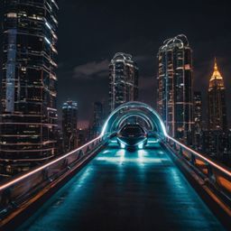 Imagine a breathtaking futuristic bridge gracefully connecting two colossal skyscrapers. Below, sleek hovercrafts silently gl