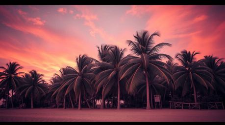 Experience a breathtaking tropical beach sunset with gracefully swaying palm trees, captured in surreal infrared tones.  This
