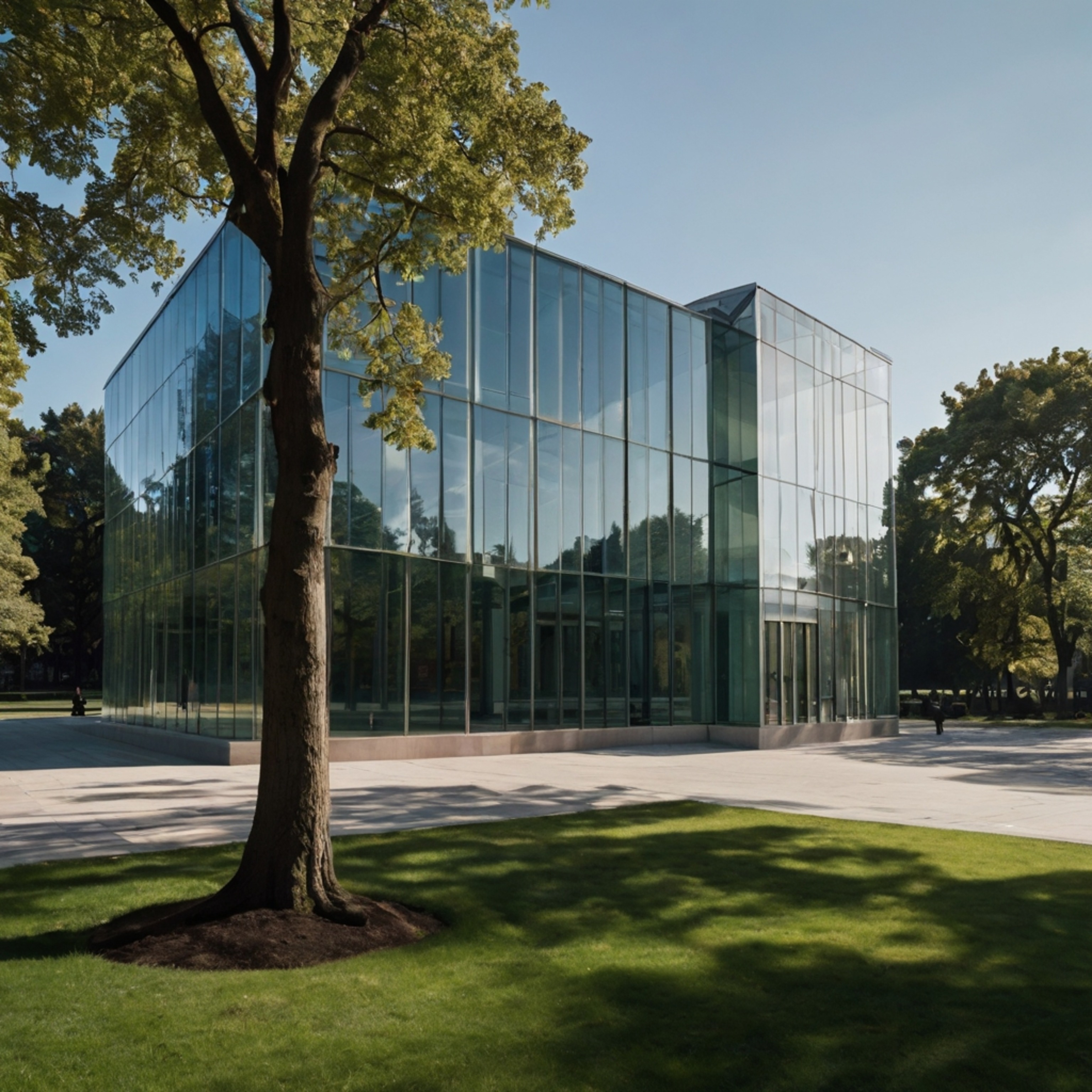 This contemporary museum building boasts expansive glass windows that beautifully reflect the lush, tree-lined park situated
