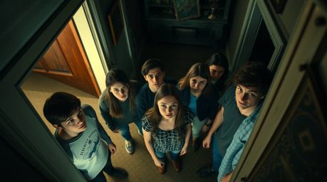 A captivating high-angle shot reveals a group of diverse teenagers exploring a dimly lit, antique-furnished haunted mansion. 
