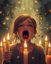 An adorable character screams as their world transforms into a vibrant, pixelated masterpiece. This surreal digital art piece