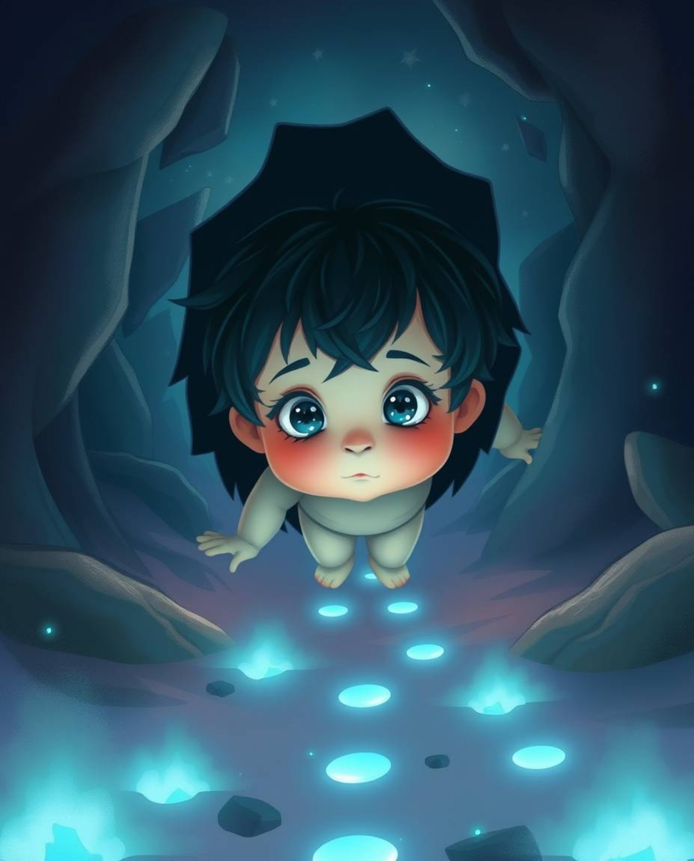 A young child with rosy cheeks and bright eyes follows a mesmerizing trail of soft blue, glowing footsteps leading into the m