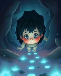 A young child with rosy cheeks and bright eyes follows a mesmerizing trail of soft blue, glowing footsteps leading into the m