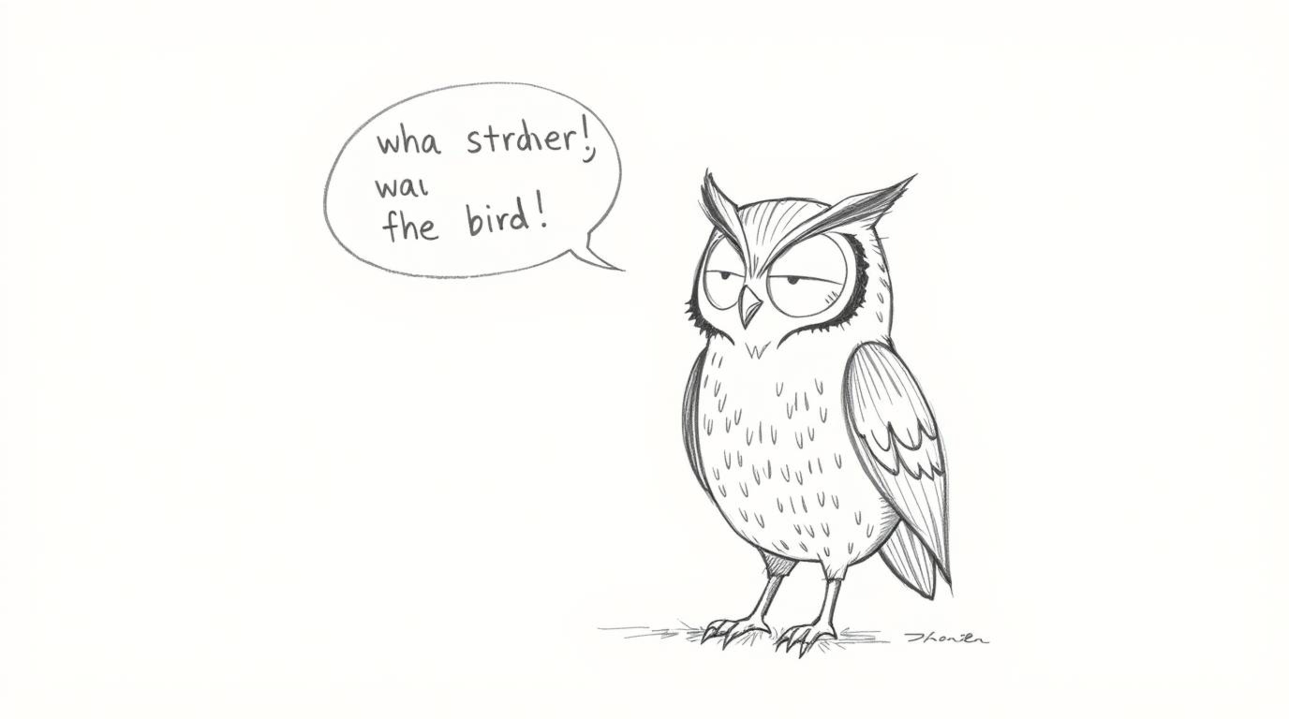 A whimsical, hand-drawn sketch in the style of Pixar depicts a blind owl with textured pencil strokes, ingeniously teaching b