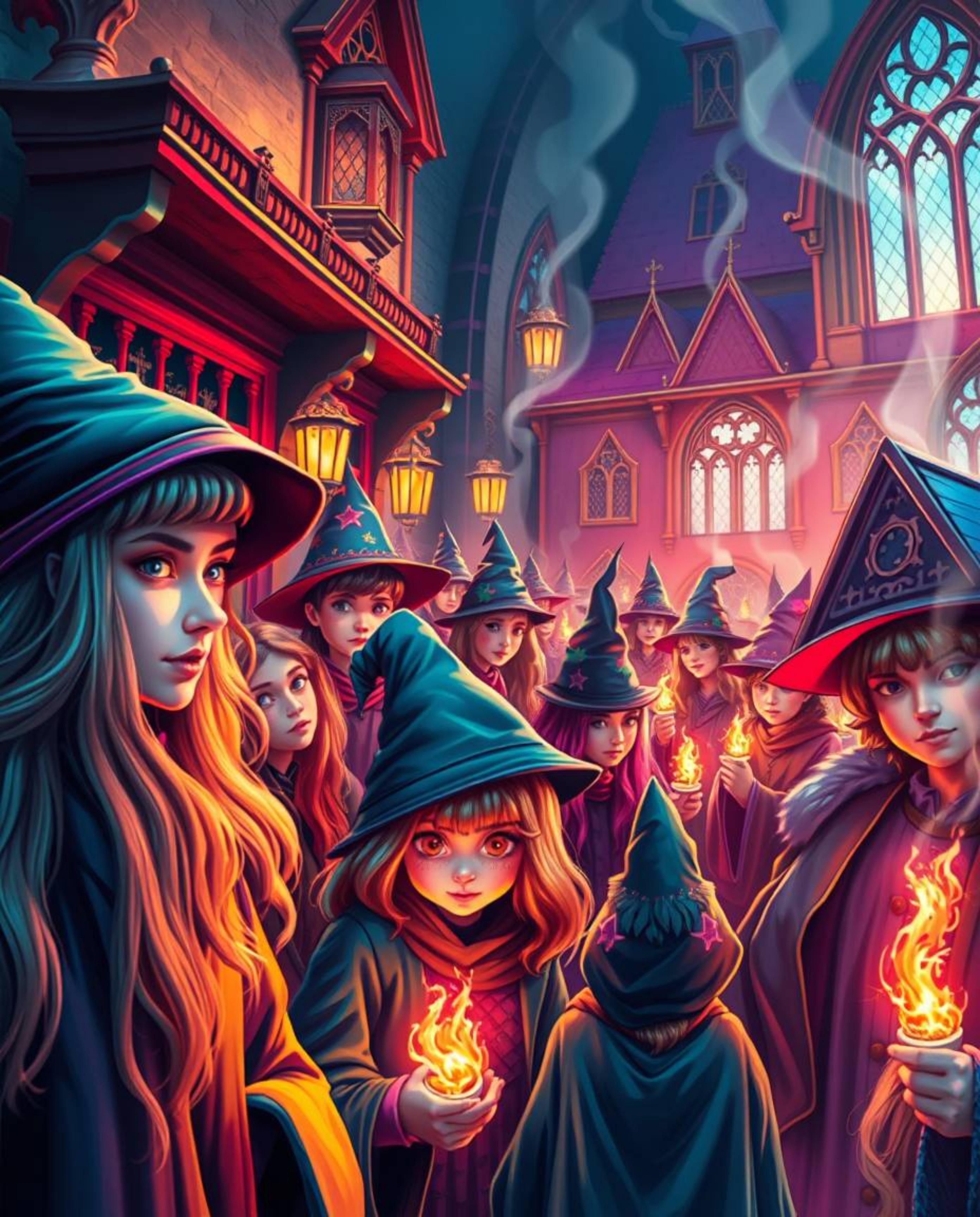 A captivating close-up reveals a magical school brimming with young wizards, rendered in electrifying, vivid colors. This vib