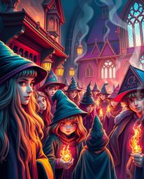 A captivating close-up reveals a magical school brimming with young wizards, rendered in electrifying, vivid colors. This vib
