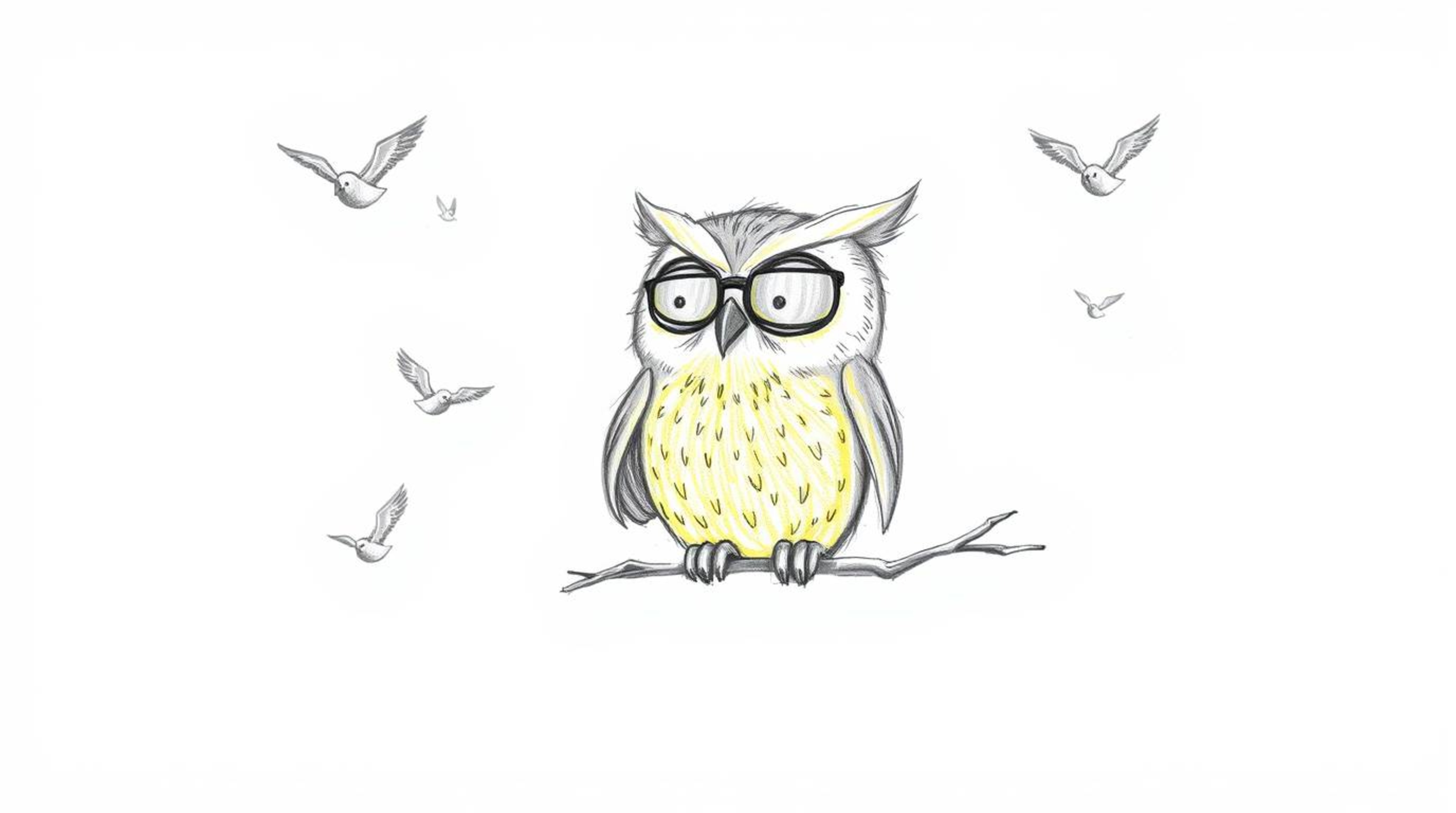 A heartwarming hand-drawn sketch in the style of Pixar depicts a blind owl with sunlit, glowing feathers, passionately teachi