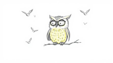 A heartwarming hand-drawn sketch in the style of Pixar depicts a blind owl with sunlit, glowing feathers, passionately teachi