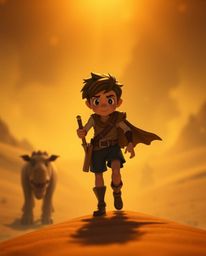 Embark on a breathtaking cinematic desert adventure in the style of Disney, following a brave hero's journey.  Experience sof