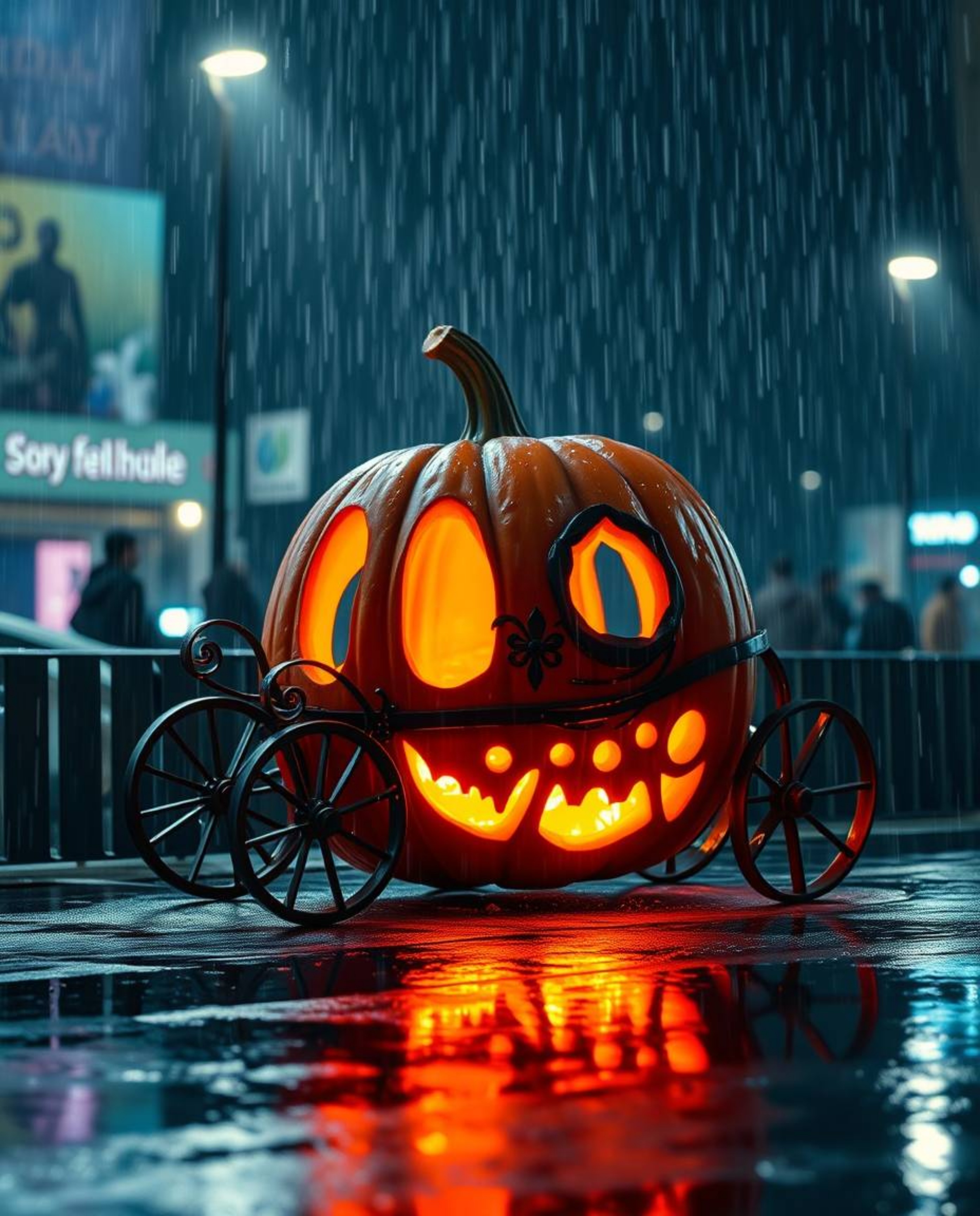 Experience a captivating scene where a magical pumpkin transforms into an elegant carriage amidst a wet and rainy atmosphere.